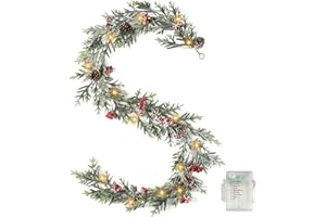 OZFHUA 6 FT Christmas Garland with Lights - Pre-Lit Artificial Christmas Garland, Flocked Garland with Red Berries Pine Cones for Decoration, Mantle Stairs Railing Home Xmas Decoration Indoor