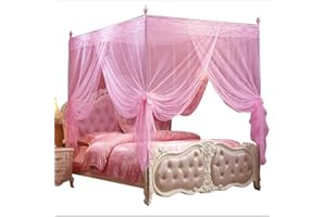 Nattey 4 Corners Princess Bed Curtain Canopy Canopies for Girls Boys Adults Bed Gift (Queen, Pink)