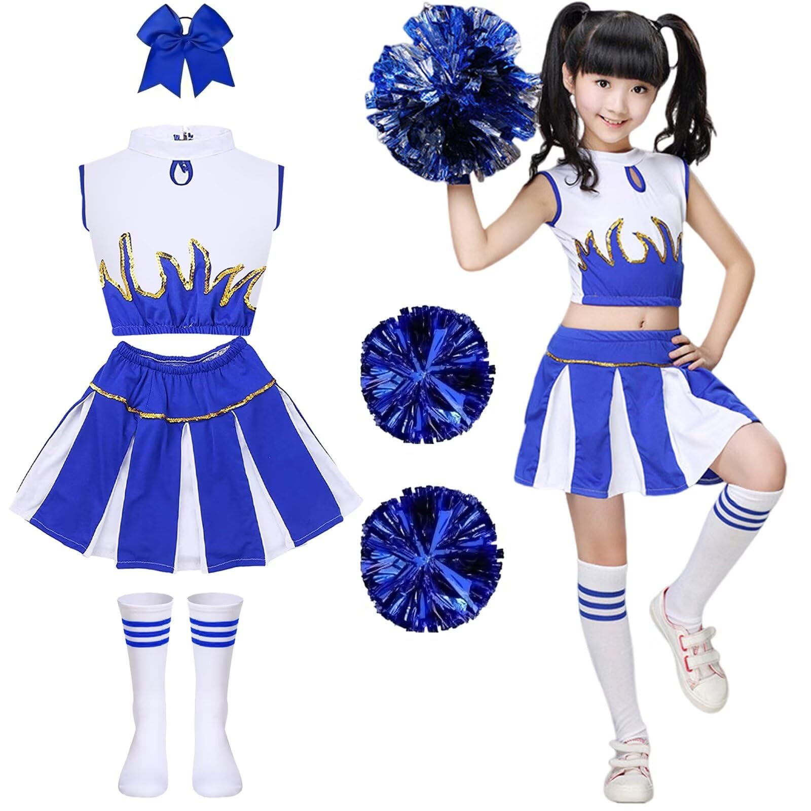 PIXUYE Girl Cheerleader Costume Children's Cheerleader Dress With Pom-Poms And Socks Uniform Carnival Costume Cosplay Masquerade Halloween Party Performance,Red 140cm — image 1