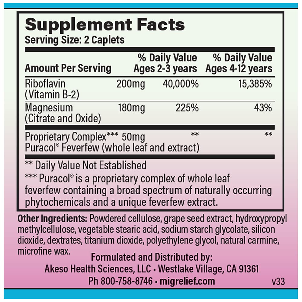 Children's MigreLief® - Triple Therapy with Puracol™ - Nutritional Support for Pediatric Migraine Sufferers - 60 Caplets/1 Month Supply