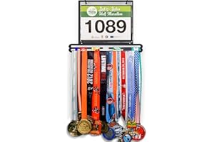 Jolitac Sports Medal Awards Display Rack Wall Mounted Marathon Medals Hanger Holder for 60+ Medals 100 Runner Race Bibs 20 Bibs Flip Vinyl Sleeves