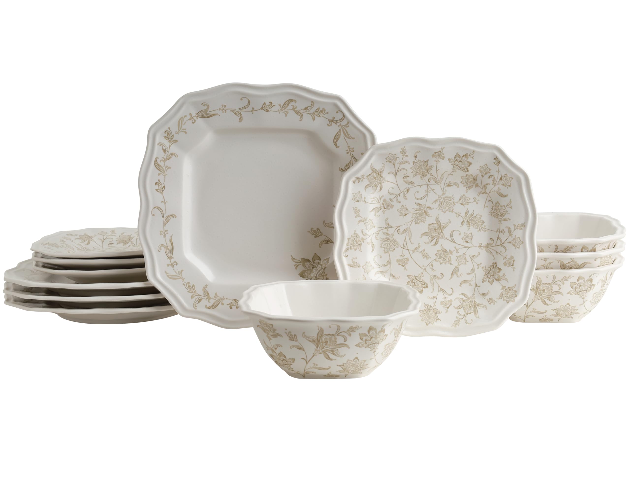 Photo 1 of 222 Fifth 12-Piece Porcelain Dinnerware Set for 4, Glossy Cream Plates and Bowls Set with Taupe Flowers, Elegant Square Ceramic Dish Set, Kitchen Tableware, Microwave & Dishwasher Safe, Batik Toile