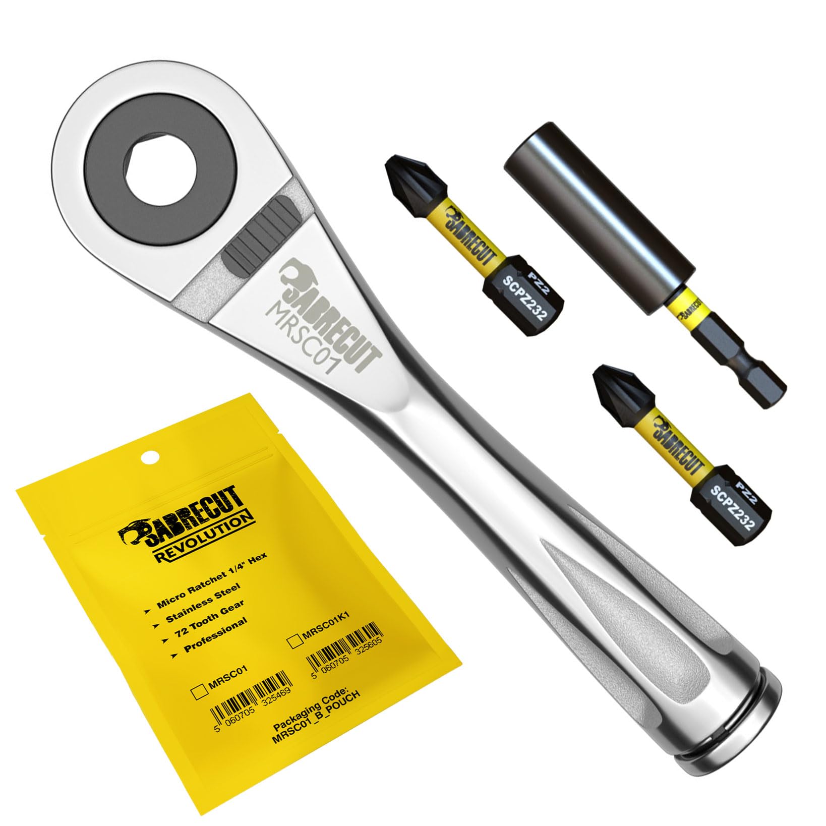 4 Piece SabreCut MRSC01K1 Mini Micro Ratchet 1/4" Hex Stainless Steel Professional 72 Tooth Gear Hand Ratchet Wrench with 32mm PH2 PZ2 Screwdriver Impact Bits and a Magnetic 60mm Impact Bit Holder