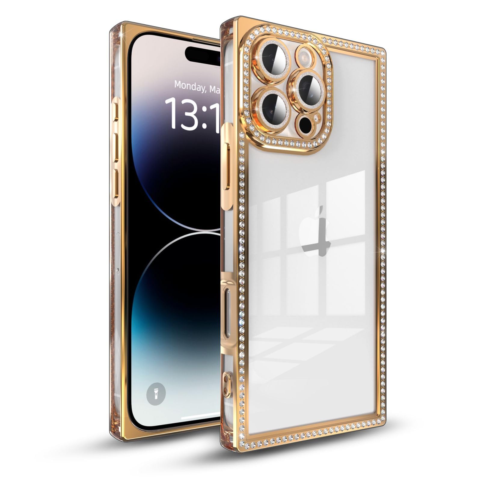 IAIYOXI Rectangle Glitter Bling Diamond Case for iPhone 17 Pro,Cute Luxury Sparkly Cover,Full Camera Protection Soft TPU Bumper Shockproof Slim Phone Case for Women Girls(iPhone 17 Pro,Gold)