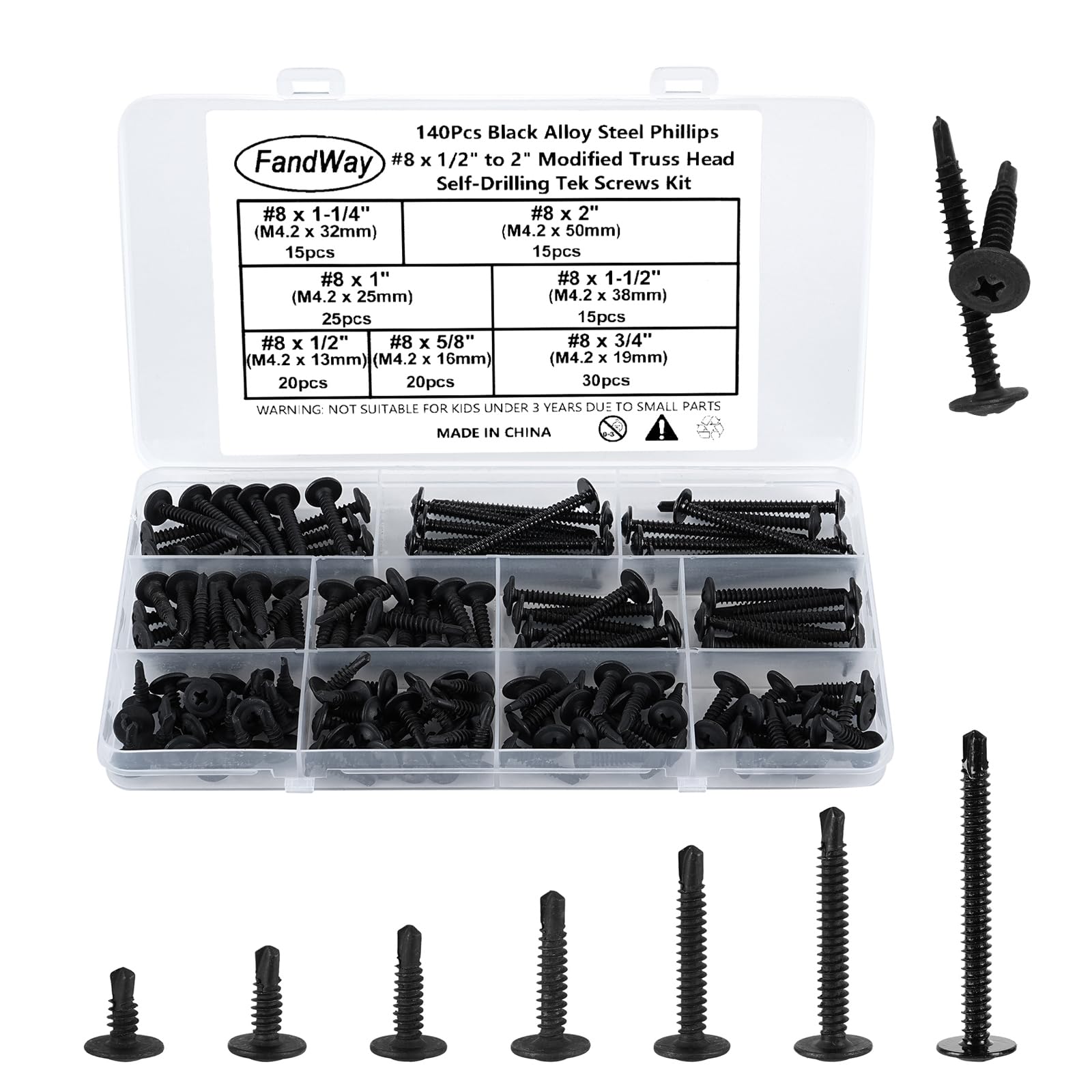 FandWay 140Pcs Self Tapping Screws for Metal,M4.2 Self Drilling Screws for Steel,Wafer Head Tek Screw,Modified Truss Head Sheet Metal Screw Black Oxide for MetalWork Aluminum Wood Plastics.