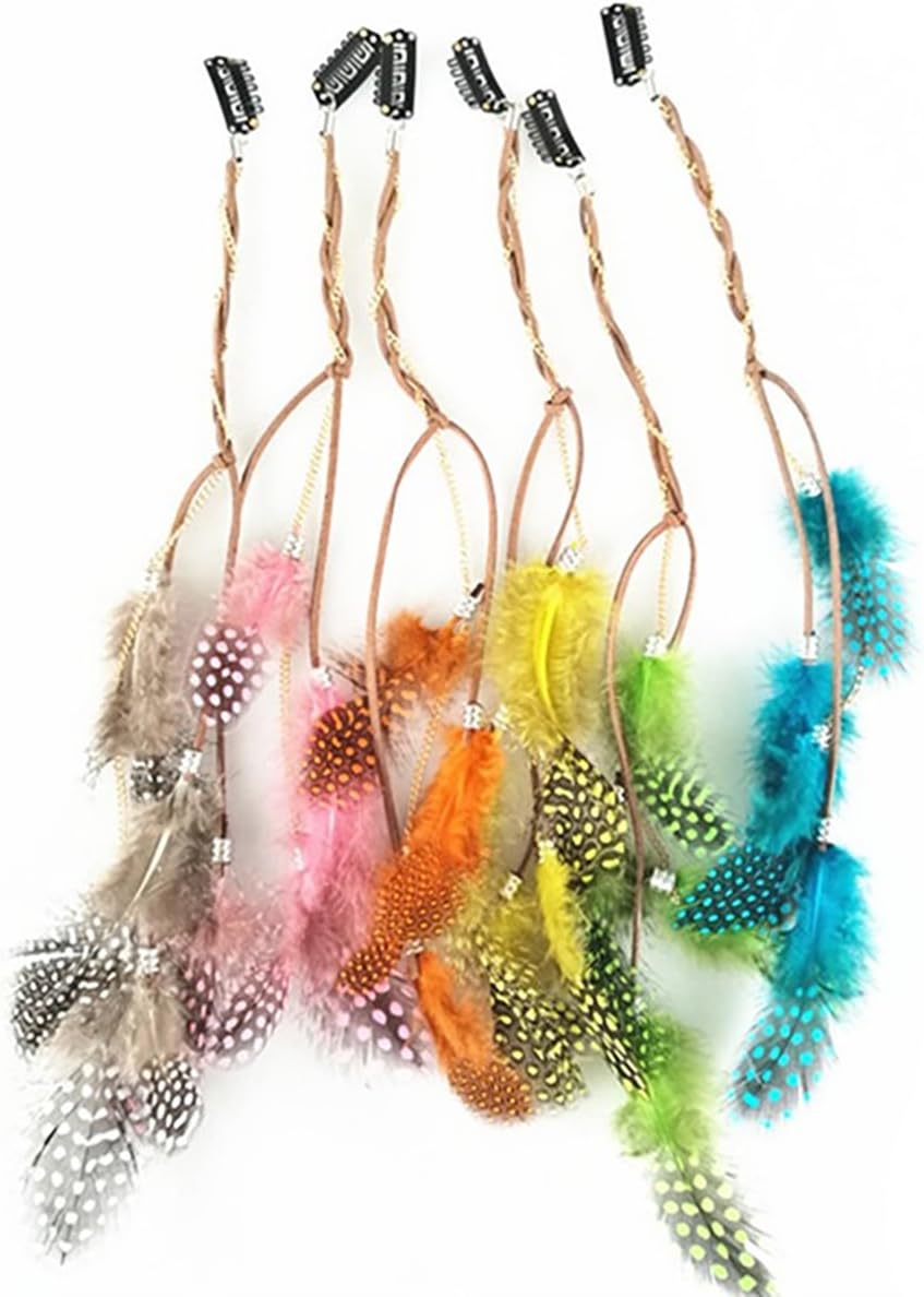 Fodattm 6PCS Girls Lady Women Handmade Colourful Boho Hippie Hair Extensions with Feather Clip Comb Hairpin Headdress Headband DIY Accessories