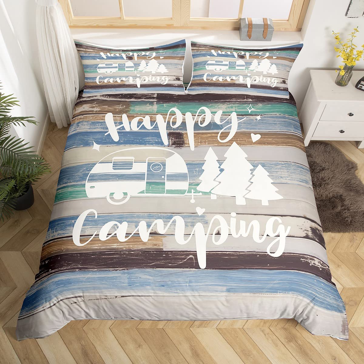 Camping Adventure Duvet Cover Colorful Retro Patchwork Wooden Stripes Bedding Set for Kids Teens Adults Rustic Farmhouse Style Comforter Cover with 2 Pillowcases Double Size 3 Pcs — image 1