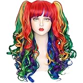 Askuang Lolita Long Curly Clip on Ponytails Cosplay Wig for Women Girls Rainbow Wig with 2 Pigtails Halloween Cosplay Party Color Wigs