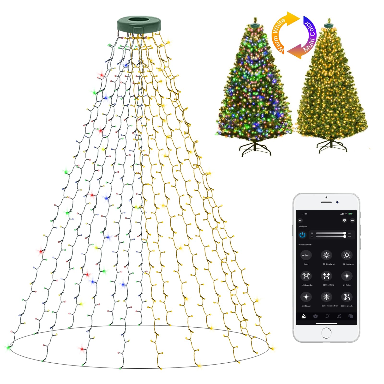 Photo 1 of Dreicht Smart Christmas Tree Lights with Ring, APP Control Music Sync 6.56Ft x 16 Lines String 400 LED Indoor Outdoor with DIY scenarios 17 Modes Multicolor Timing for Christmas Tree Decorations