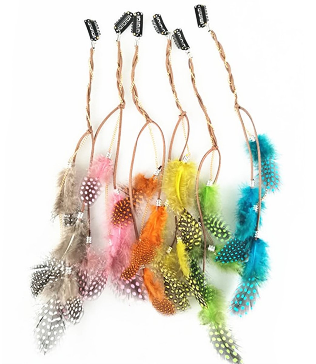 Fodattm 6PCS Girls Lady Women Handmade Colourful Boho Hippie Hair Extensions with Feather Clip Comb Hairpin Headdress Headband DIY Accessories