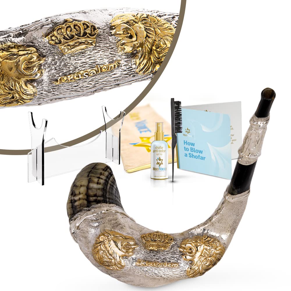 Photo 1 of Holy Voice Sterling Silver-Plated "Lions & Crown" Decoration Ram Shofar 12"-14" With Shofar Stand, Carrying Bag and Cleaning Brush – Made in Israel.