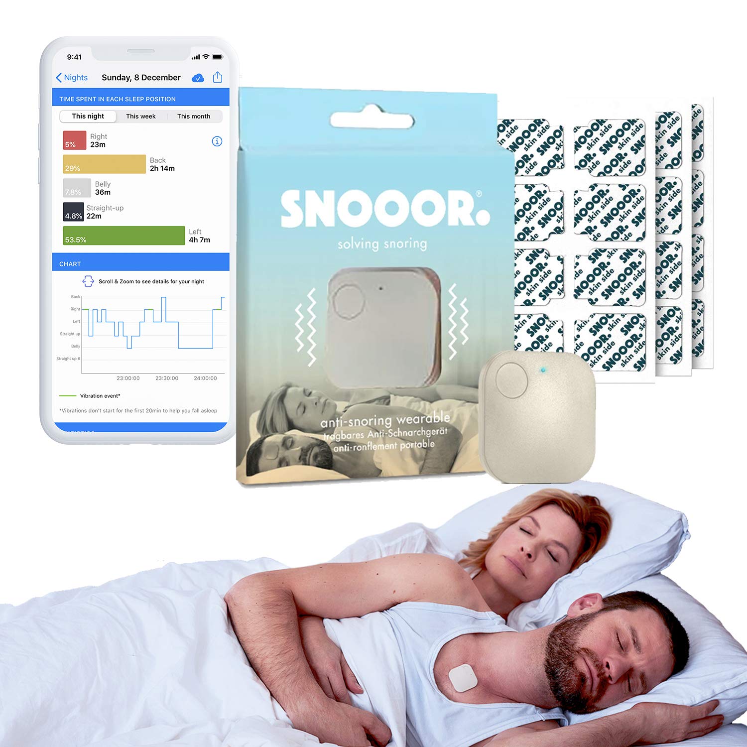 SNOOOR Anti-Snoring Device | Non-Invasive Smart Snoring Aids for Women and Men to Mute Snoring for Back Snorers | Trains to Change Sleeping Position to Stop Snoring and Breathe Right | with App