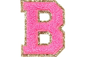WISH YOUNG 3Pcs Chenille Letter Patches Iron on Patches Glitter Varsity Letter Patches Embroidered Patch Gold Border Sew On Patches for Clothing Hat Shirt Bag (Rose, B)