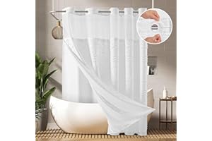 PANGSINNE No Hooks Shower Curtain with Snap-in Liner, White Boho Fabric Tufted Chevron Striped Textured Shower Curtains for Bathroom, Water Repellent Hotel Quality Luxury Shower Curtain, 72Wx74H