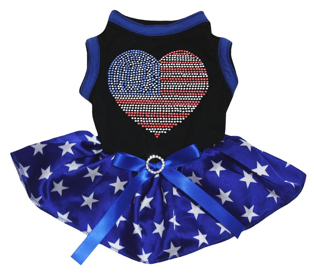 Petitebella Rhinestones USA Heart Black Shirt Blue Stars Tutu Puppy Dog Outfit Dress (Large)