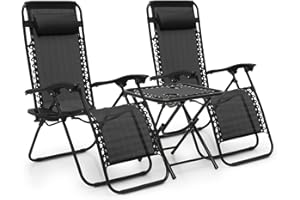 MoNiBloom Table and Patio Chairs Set of 3, Outdoor Adjustable Zero Gravity Folding Breathable Mesh Reclining Lounge Chairs with Pillow and Side Tray, 330lbs Capacity - Black