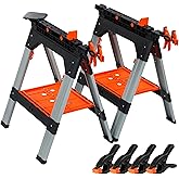 PONY 2-Pack Clamping Sawhorses, 1200 LBS Load Capacity, 30-3/4" Folding Sawhorse with 12” F Clamps, Bench Dogs, Angle Clamps,