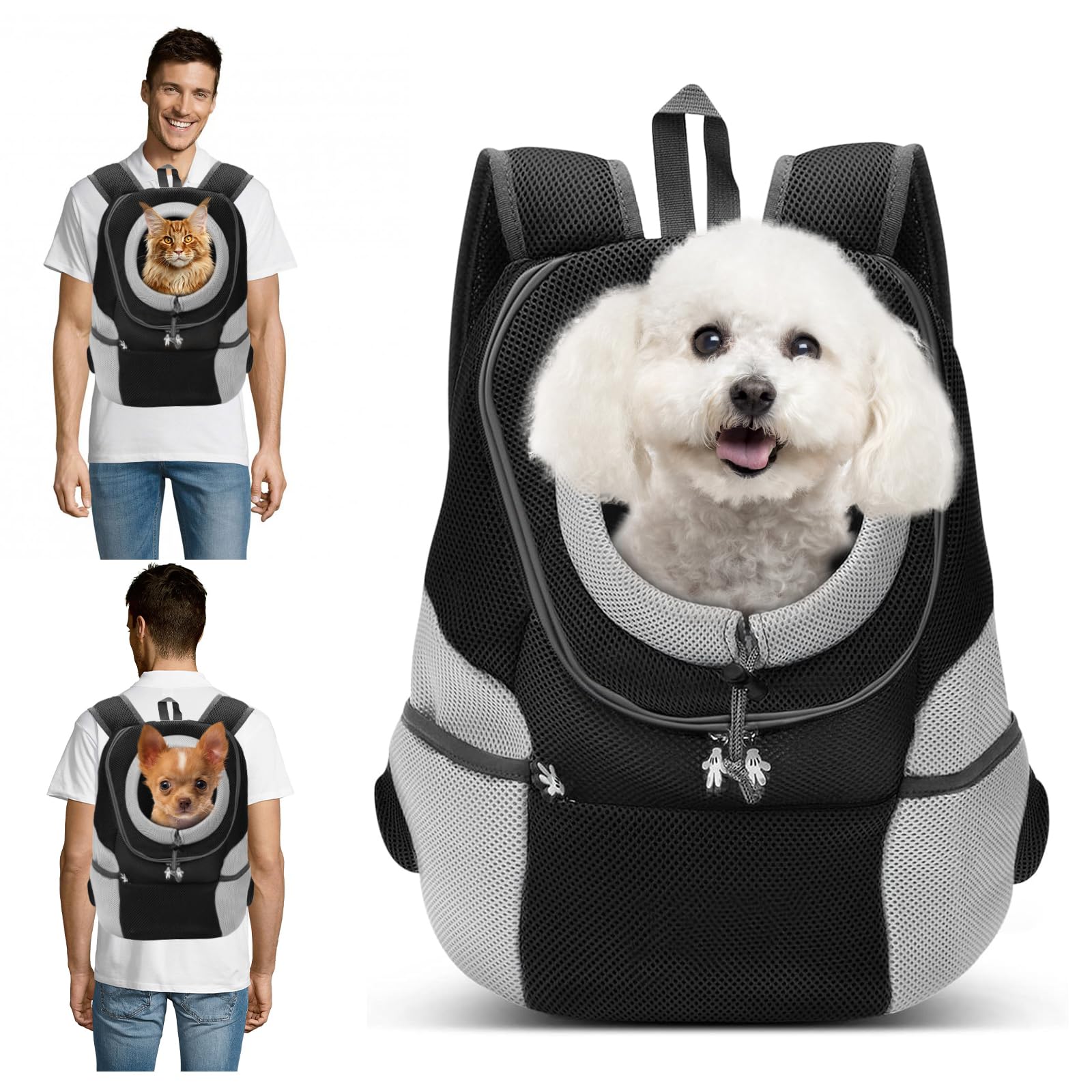 PETCUTE Breathable Pet Carrier Backpack for Small Dogs Cat Up to 6.8KG,Hands-Free Pet Travel Bag with Head-Out Design and Waterproof Bottom,Adjustable Cat Backpack for Hiking & Travel,Black,M