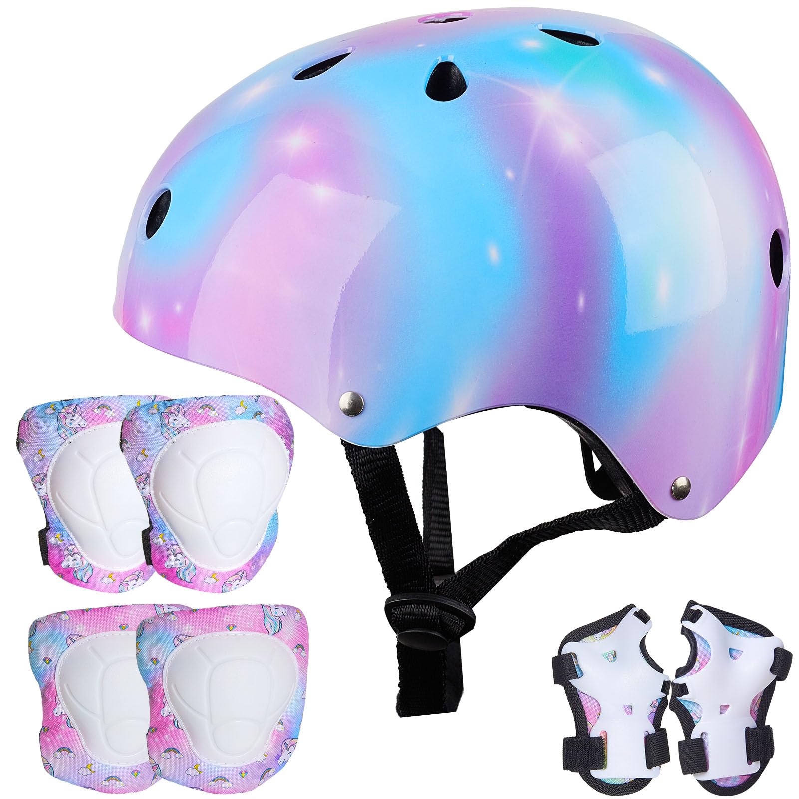 Kids Helmet Knee Elbow Wrist Pads Adjustable Knee Pads Elbow Pads Wrist Guards Skateboard Helmets for Scooter Cycling Skating Girls,3-8 Years