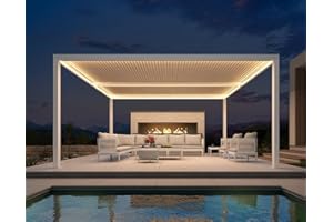 PURPLE LEAF Outdoor Louvered Pergola 12' x 16' with Light Belt White Aluminum Gazebo Pergola with 2 Independently Adjustable Rainproof Hardtop for Patio Garden Yard