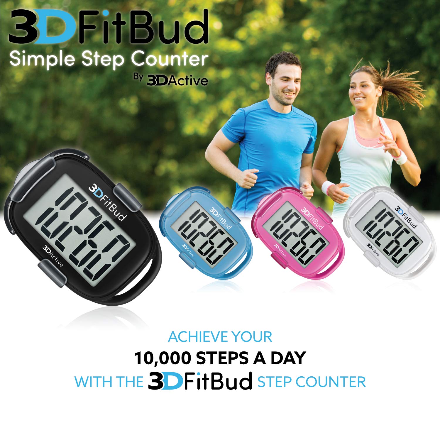 3DFitBud Simple Step Counter Walking 3D Pedometer with Clip and Lanyard