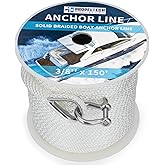 PropelTech Anchor Line - White, 3/8" x 150' Premium Solid Braid MFP Boat Rope with Stainless Steel Thimble & Shackle