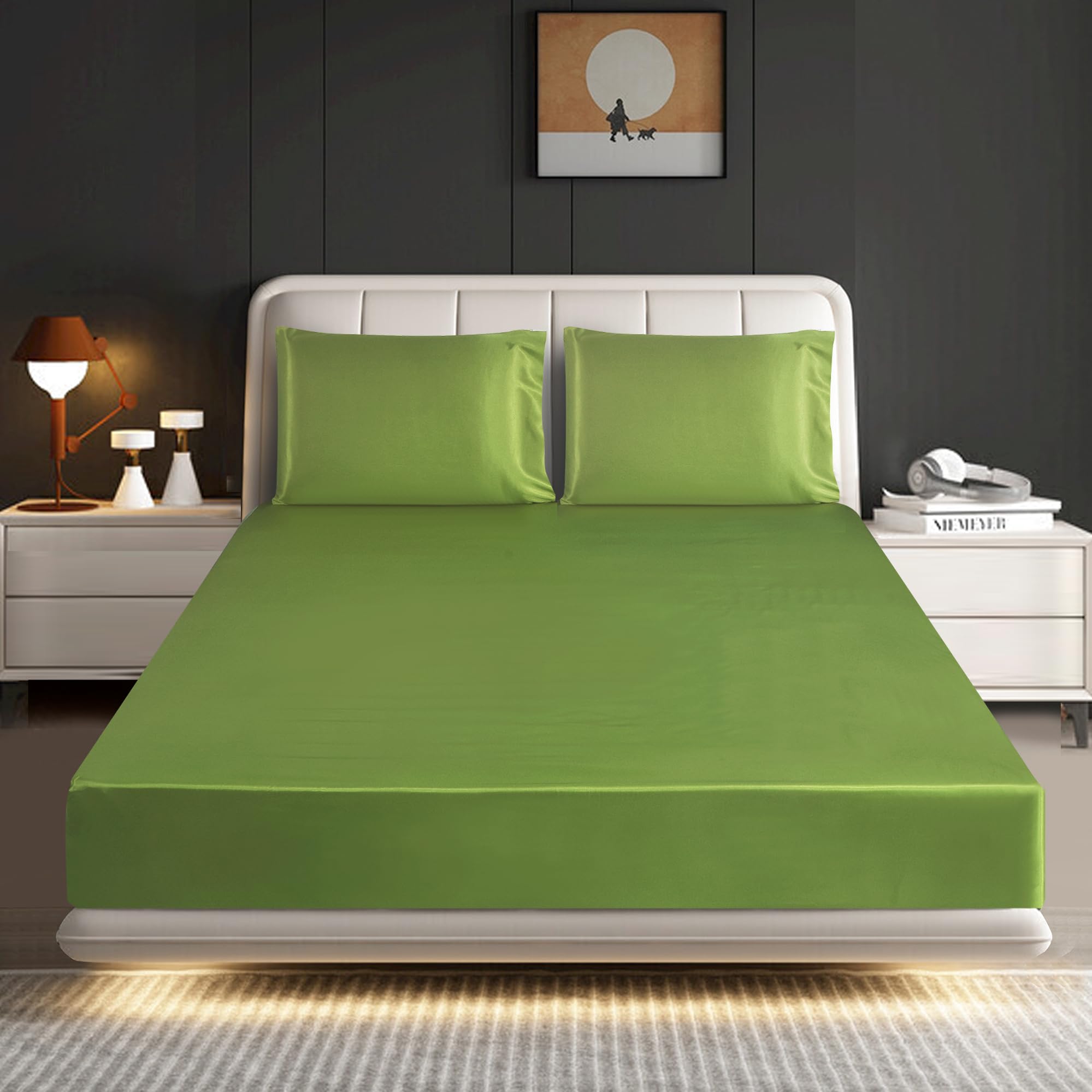 ROOEE Satin Silk Fitted Sheet with Pillowcase Set Breathable Soft Bedding Brushed Fabric Wrinkle, Shrinkage and Fade Resistant Bottom Bed Sheets (OLIVE GREEN, King)