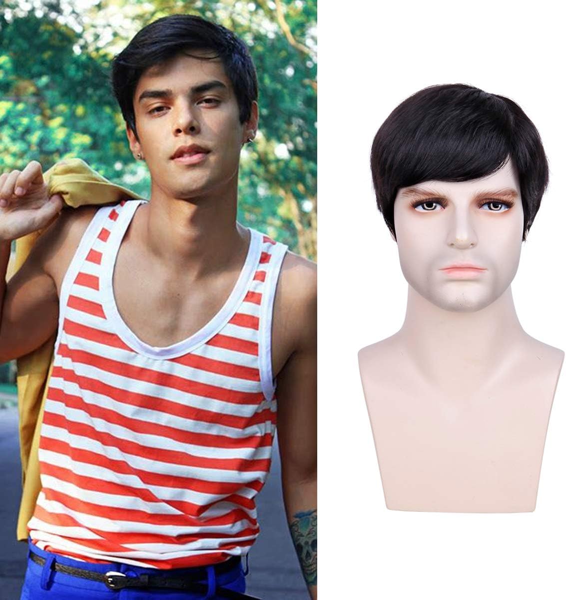 Creamily Mens Human Hair Short Wig Male Black Layered Full Replacement Hair Cosplay Costume Party Straight Hairpieces