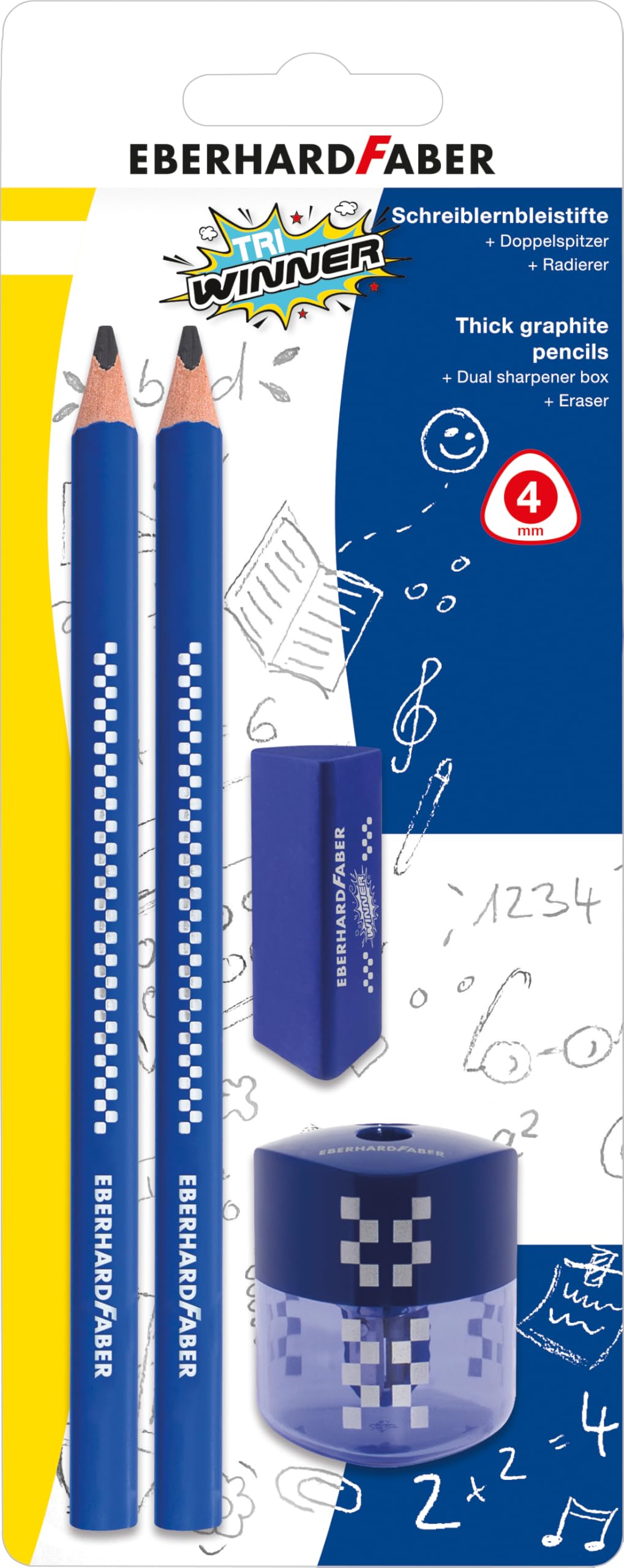 Eberhard Faber TRI Winner, 510099 Pencil Set with 2 Pencils 2B, Eraser and Sharpener