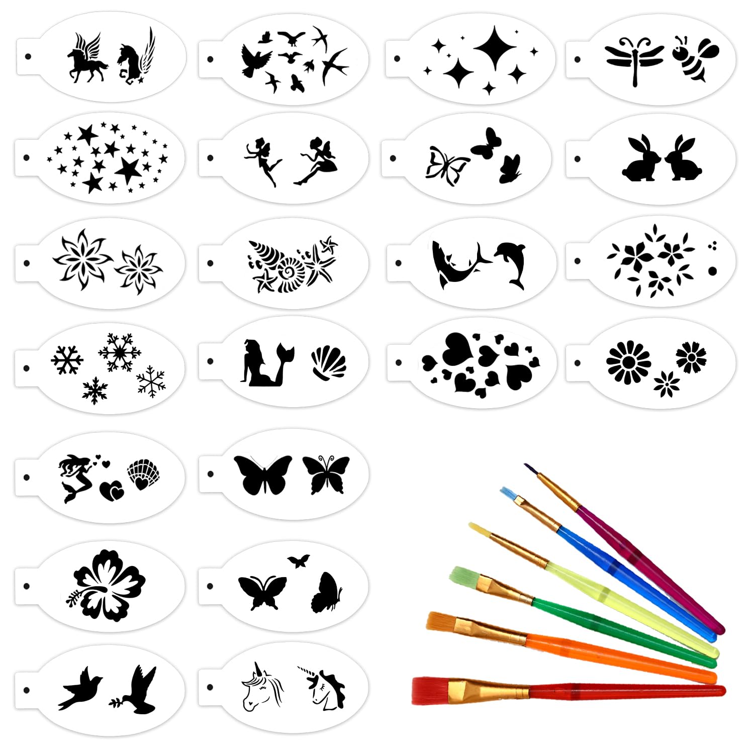 22 Face Painting Stencils For Kids, 6 Brushes, Reusable Face Painting Stencils, Temporary Tattoo Body Painting Stencils, For Holiday Party Makeup
