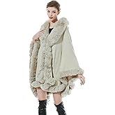 SUFCOMOU Women Faux Fur Shawl Wrap Winter Cape Poncho with Fur Trim Sleeveless Cardigan Dressy Cloak Coat