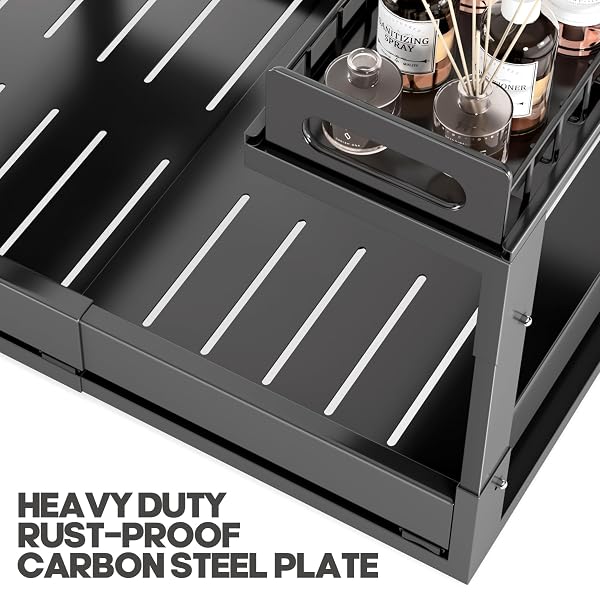 1 PACK EXPANDABLE UNDER SINK ORGANIZERS AND STORAGE WITH UPGRADE BALL-BEARING SLIDE TRACKS,2-TIER PULL OUT UNDER CABINET ORGANIZER HEIGHT ADJUSTABLE,SLIDE OUT UNDER SINK DRAWERS-BLACK(PATENT PENDING)