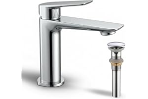 Acebond Chrome Single Hole Bathroom Vanity Faucet with Stainless Steel Pop Drain (Triangular Body, Chrome)