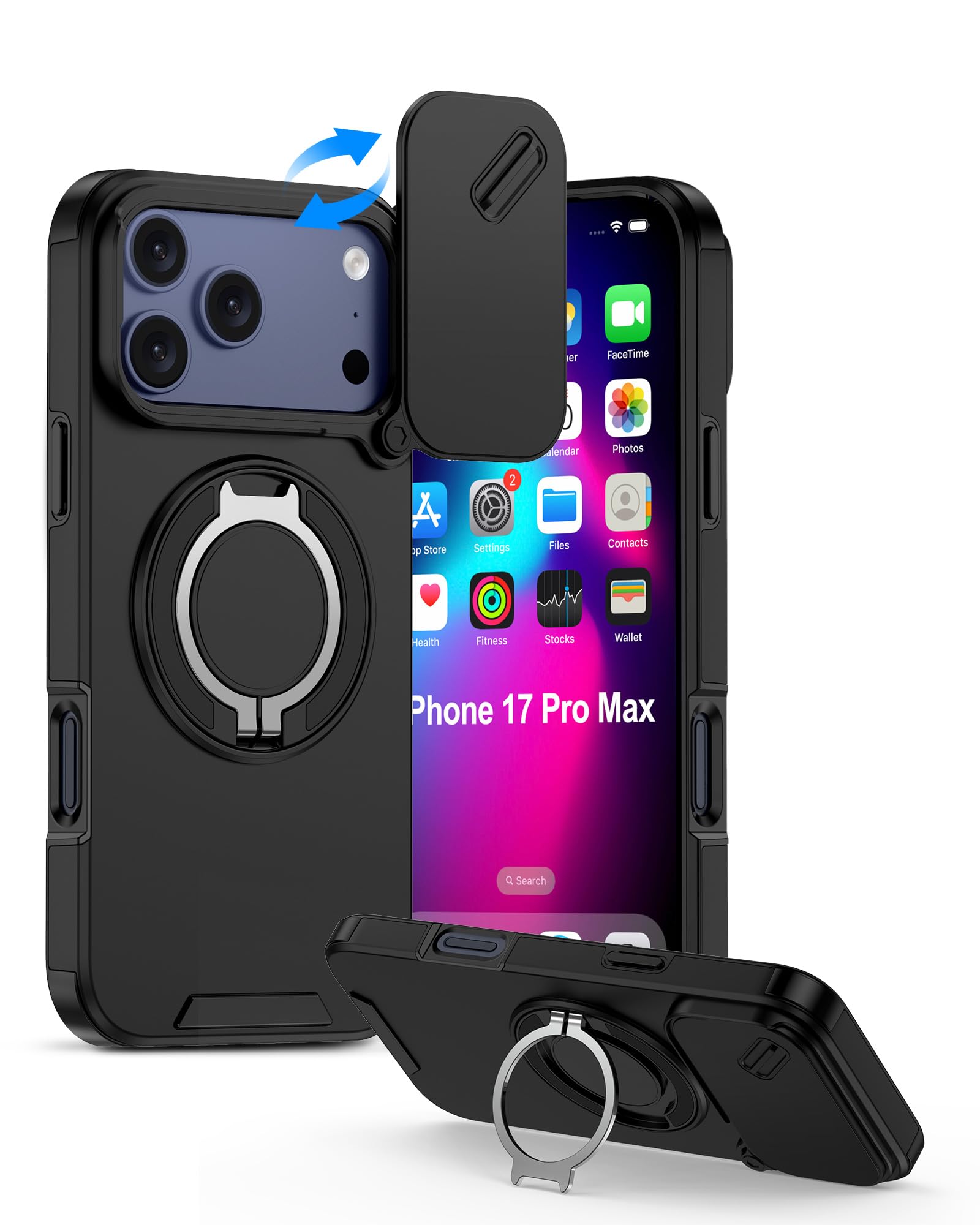 Photo 1 of iPhone 17 Pro Max Case with Camera Cover & Ring Holder, 17 PRO MAX 6.9" Rugged Shockproof Protective Case, Slim Rugged Protection with Sliding Lens Cover & Kickstand for Apple iPhone 17 Pro Max-Black