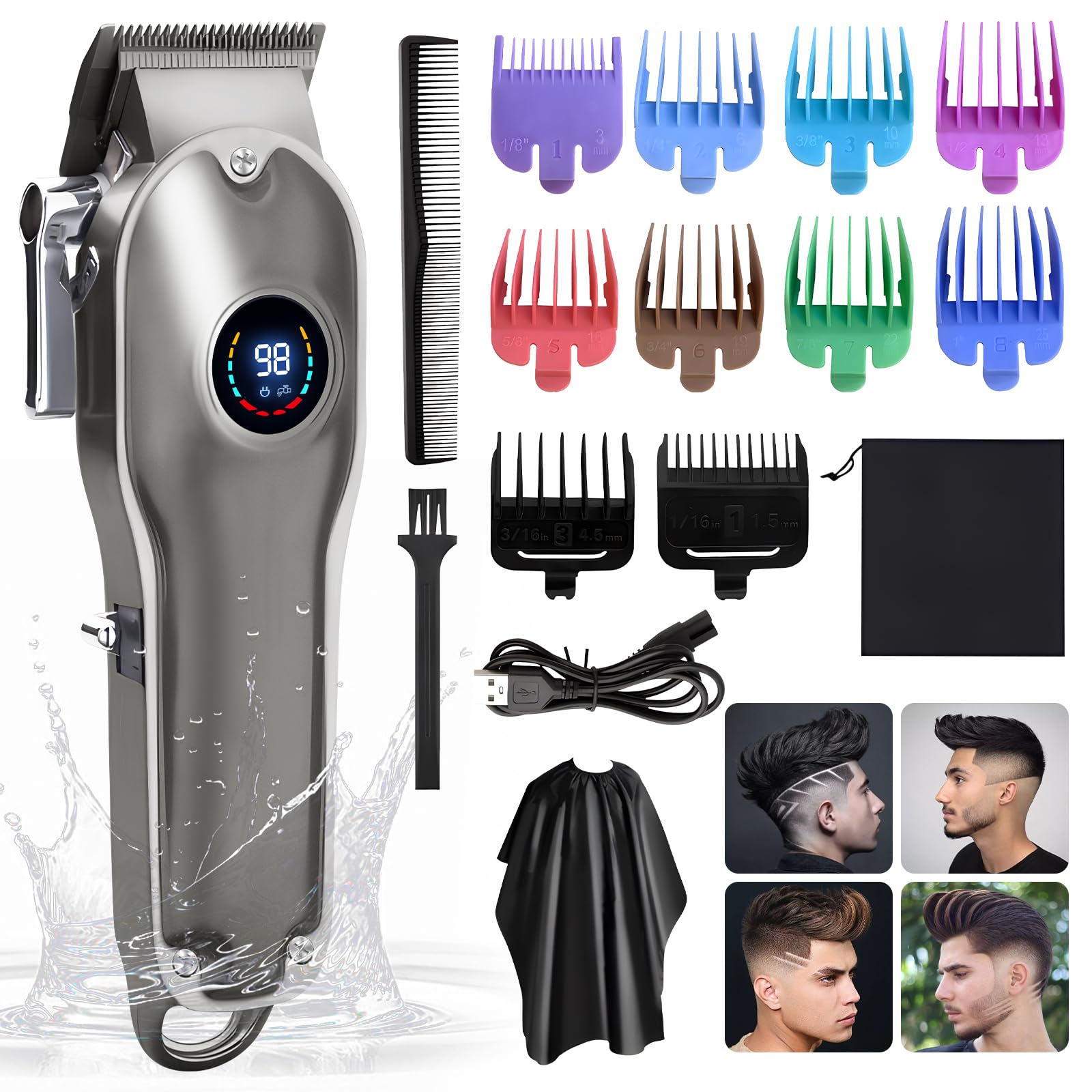 Gabrella Men’s Barber Clippers - Waterproof Cordless Hair Clipper & Beard Trimmer, Rechargeable, Male Grooming Set, Colorful Guide Combs, Grey