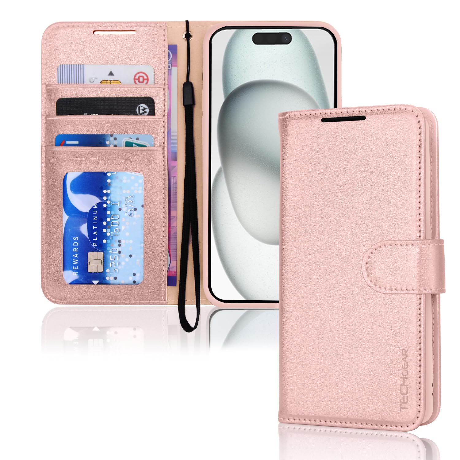 TECHGEAR iPhone 15 Leather Wallet Case, Flip Protective Case Cover with Wallet Card Holder, Stand and Wrist Strap - Pink PU Leather with Magnetic Closure for iPhone 15 6.1"