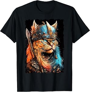 Cat Viking Wearing Uniform Painting Portrait Cat Viking Men Women Girls Kids T-Shirt