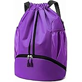 Hoedia Sports Drawstring Backpack - String Swim Gym Bag with Shoes Compartment and Wet Proof Pocket for Women and Men