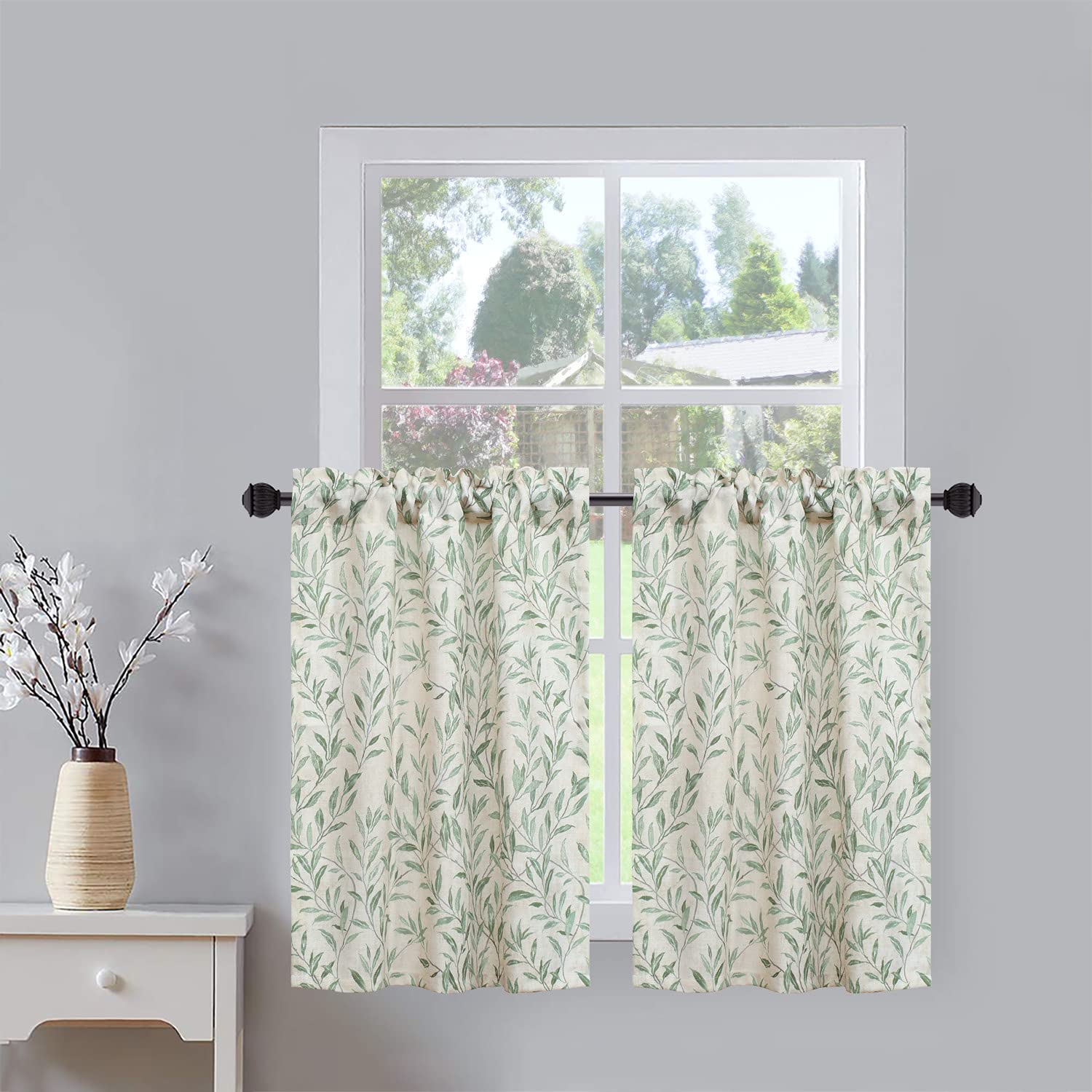 VOGOL Curtain Tiers Leaves Pattern Rustic Style Valance for Kitchen, Top Pocket Window Tier Thermal Insultated Valances for Bathroom Bedroom, 2 Panels, 30X36 Inch, Green