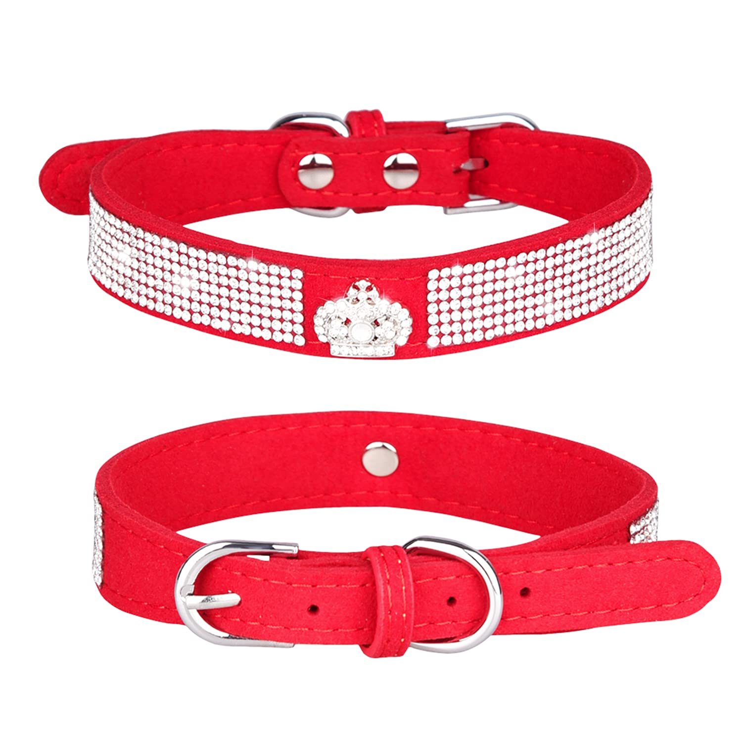 Haoyueer Rhinestone Dog Collar, Cute Dazzling Sparkling Soft Suede Leather Dog Cat Rhinestone Collar Crystal Diamond Pet Dog Puppy Collar (M, Red-4)