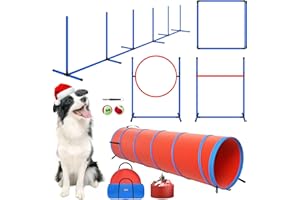 POLAR AURORA Dog Agility Equipment, Dog Agility Course Backyard Set Obstacle Course Backyard Includes Adjustable High Hurdle,6 Weave Poles,Extended Tunnel,Jump Ring,Square Pause Box,2 Balls,Whistle,2 Carrying Bags