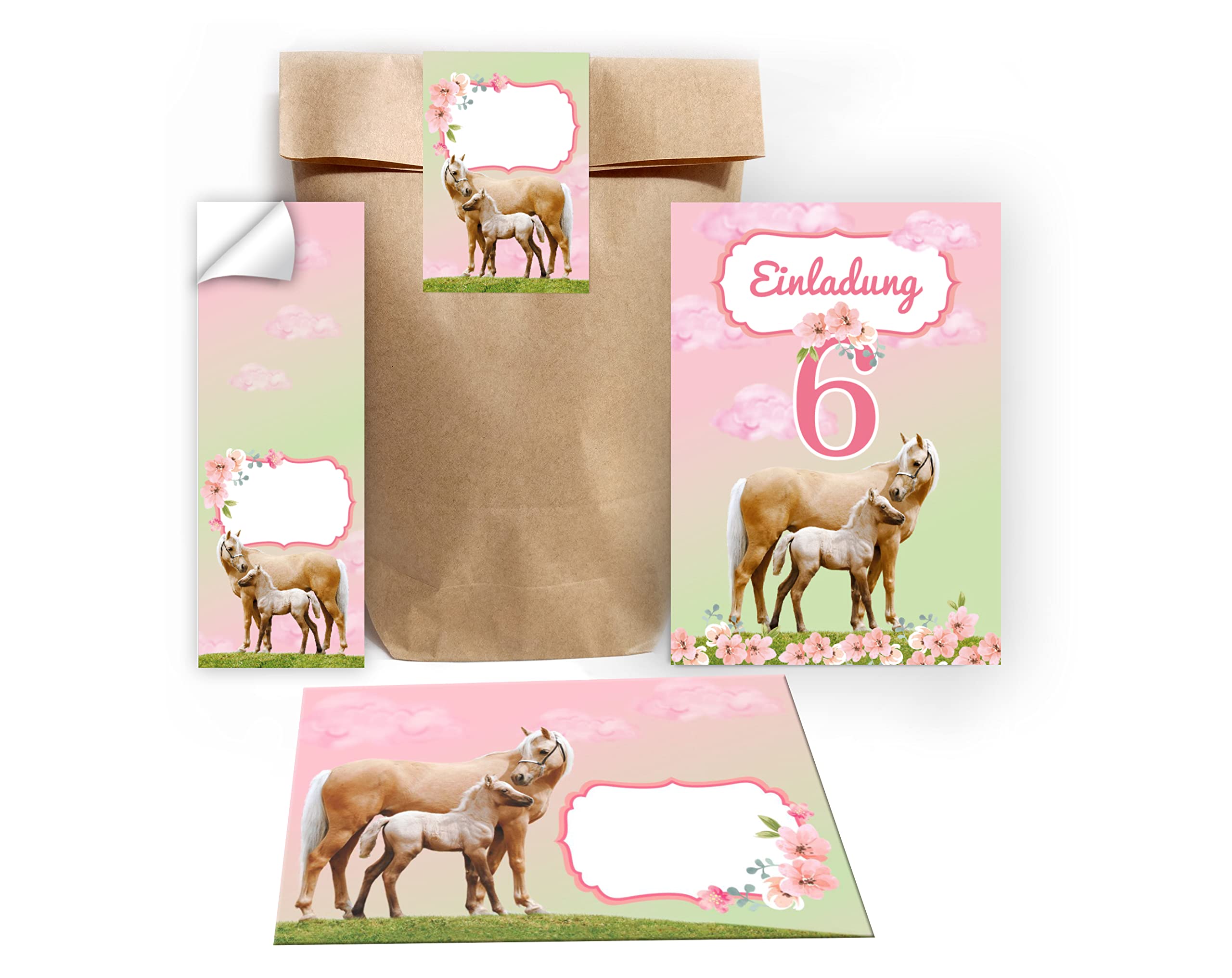 Junapack 12 Invitation Cards for 6th Birthday Party Sixth Birthday Girl Horse with Foal with Unicorn Including 12 Envelopes, 12 Bags / Natural / 12 Stickers