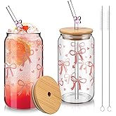 Domensi Set of 2 16 oz Bow Glass Cups Coquette Aesthetic Glass Cups with Lids and Straws Pink Bow Tumbler Drinking with Cleaning Brush Bulk Cute Mugs for Home Party Favors Women Friends Gifts