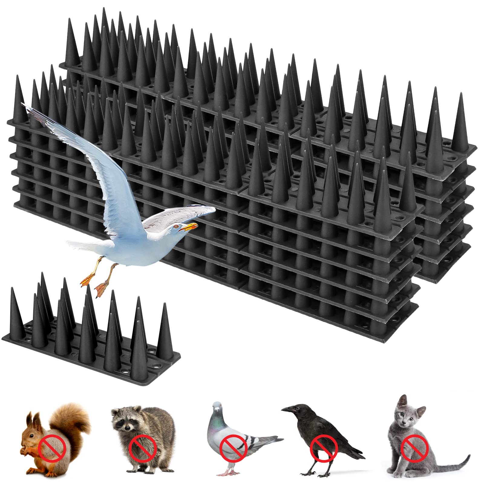 24 Pack 8m Upgraded Bird Spikes, Bird Squirrel Raccoon Cat Fox Pigeon Intruder Deterrent Spikes, Eco Fence Wall Spikes Garden Security Anti Climb, Fence Spikes for Outside Roofs Windows (Black)