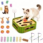 GLYVIAN 5-in-1 Cat Puzzle Box Toy for Indoor Cats Boredom Relief Interactive Wooden Cat Enrichment Maze with Balls, Feather Wands &amp; Spiral Springs, Slow Feeder Treat Dispenser for Kittens &amp; Adult Cats