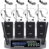 FULODE UR-408 4 Channel Professional Wireless Microphone System with 4 Lavalier 4 Headset Mics, Ideal for Home Party Singing Karaoke Meeting Church Event TV Speaker