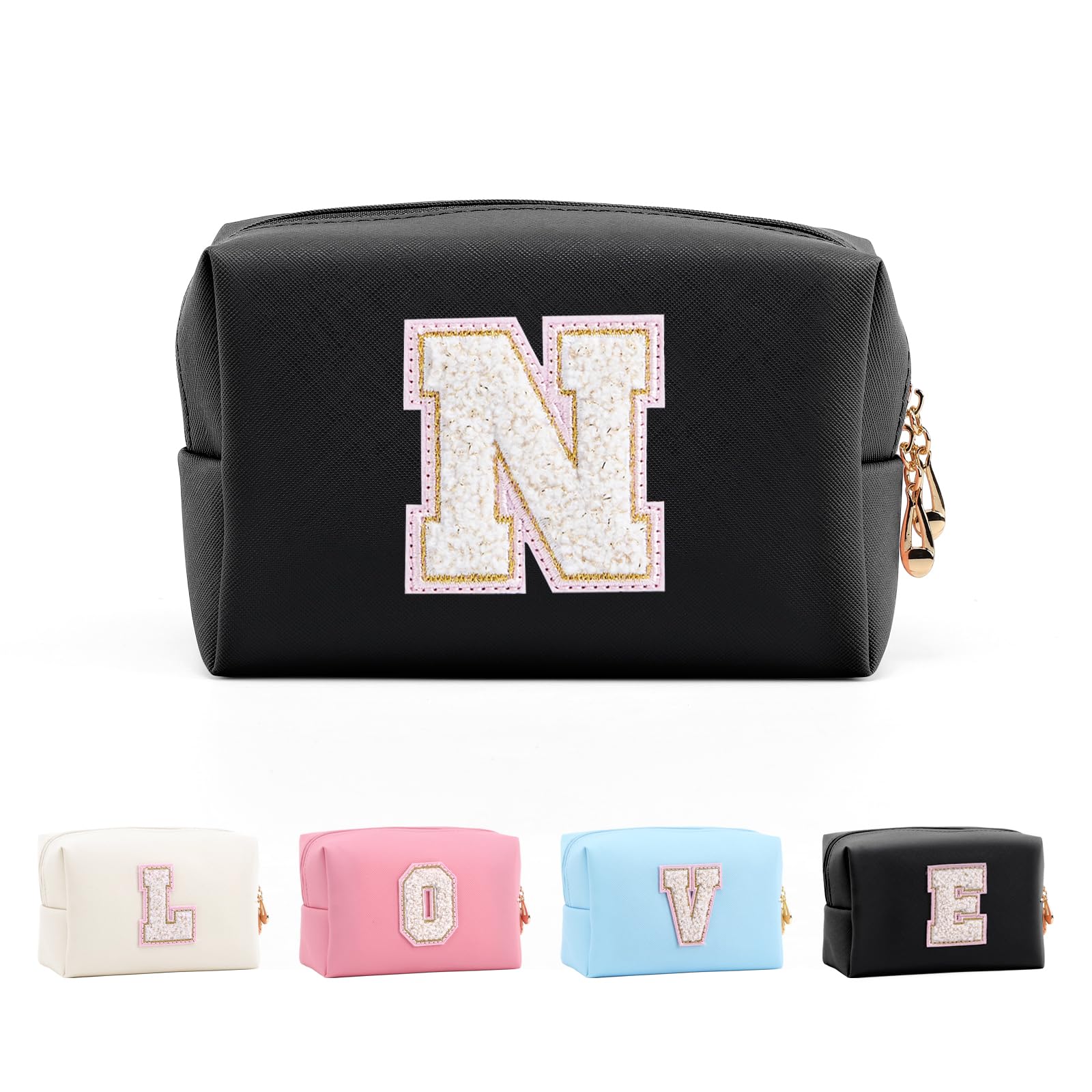 Anntry Small Personalized Initial Letter Makeup Bag, Cute Waterproof PU Leather Chenille Letter Cosmetic Bag Travel Makeup Bag, Preppy Makeup Pouch Toiletry Zipper Pouch Organizer for Women and Girls