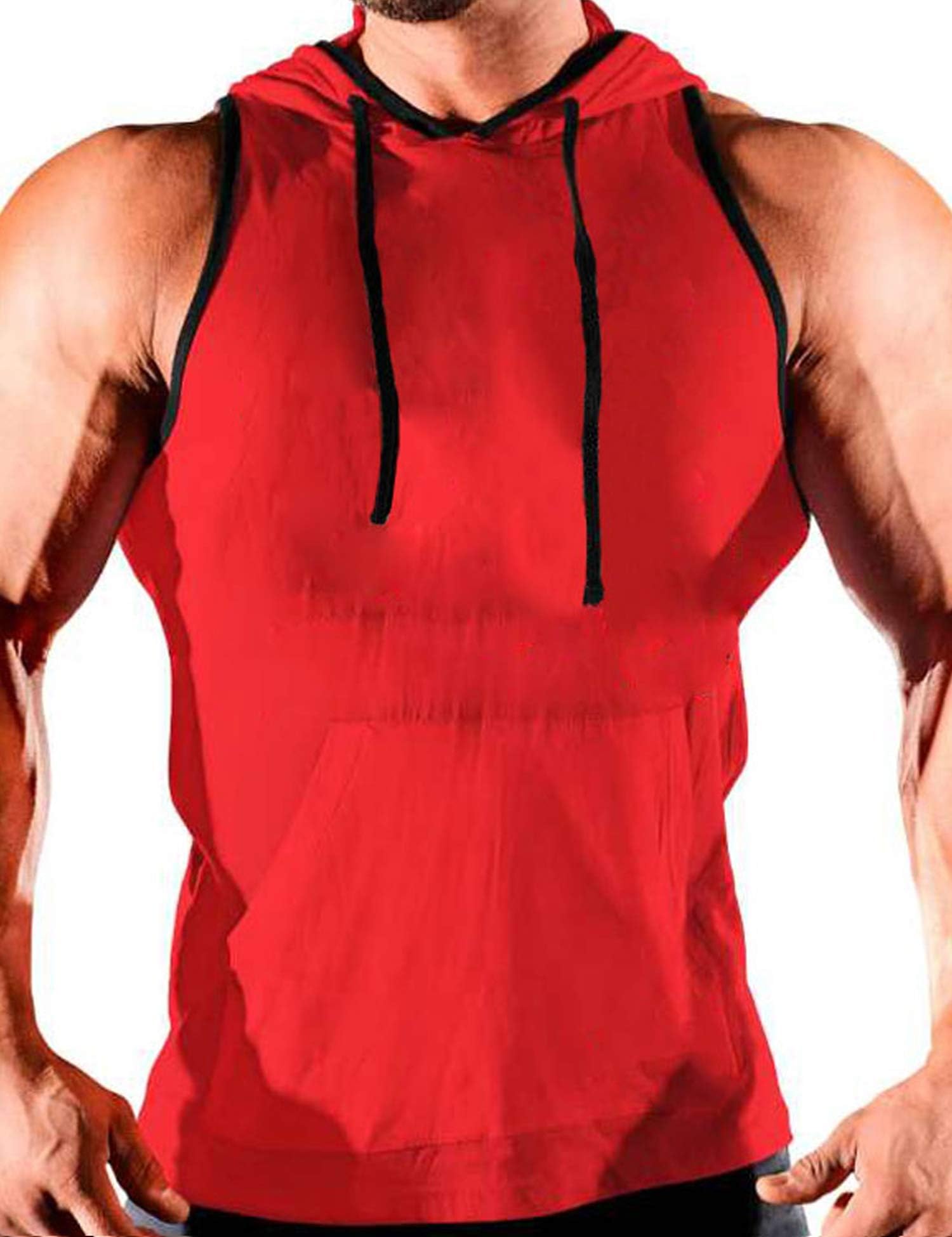 Men's Sleeveless Hoodie Stringer Fitness Bodybuilding Workout Hooded Tank Tops with Pocket
