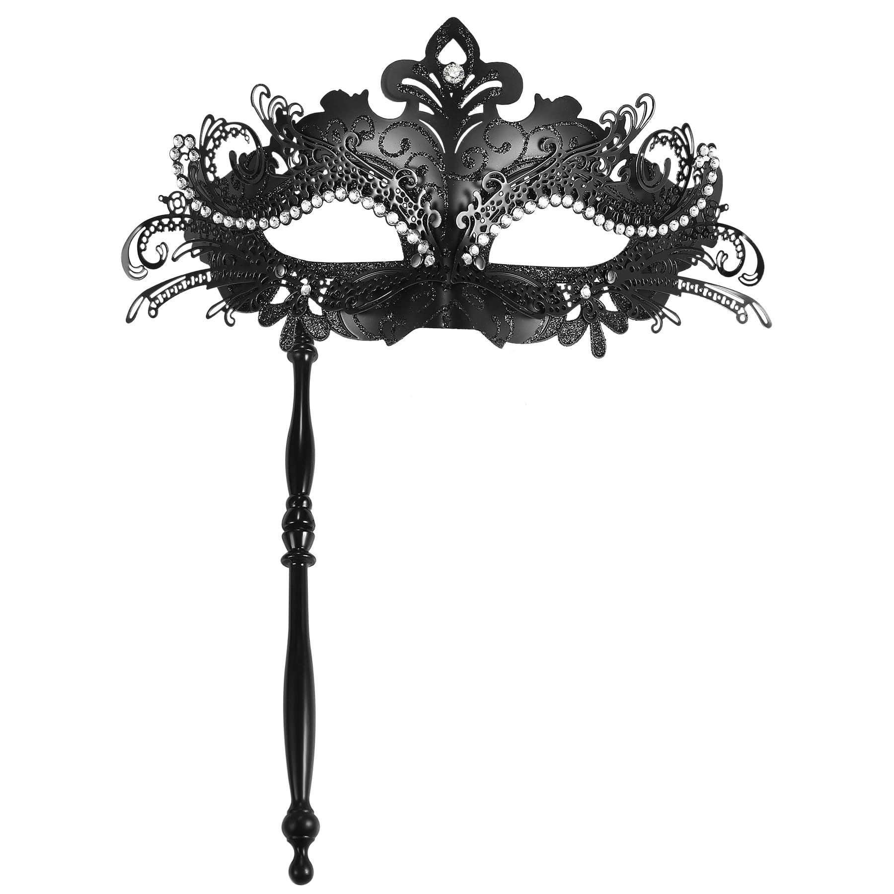 Oidea Women's Masquerade Mask with Stick: Rhinestones Deecorations Mardi Gras Venetian Mask Halloween Carnival Party Costume Ball Mask, Black