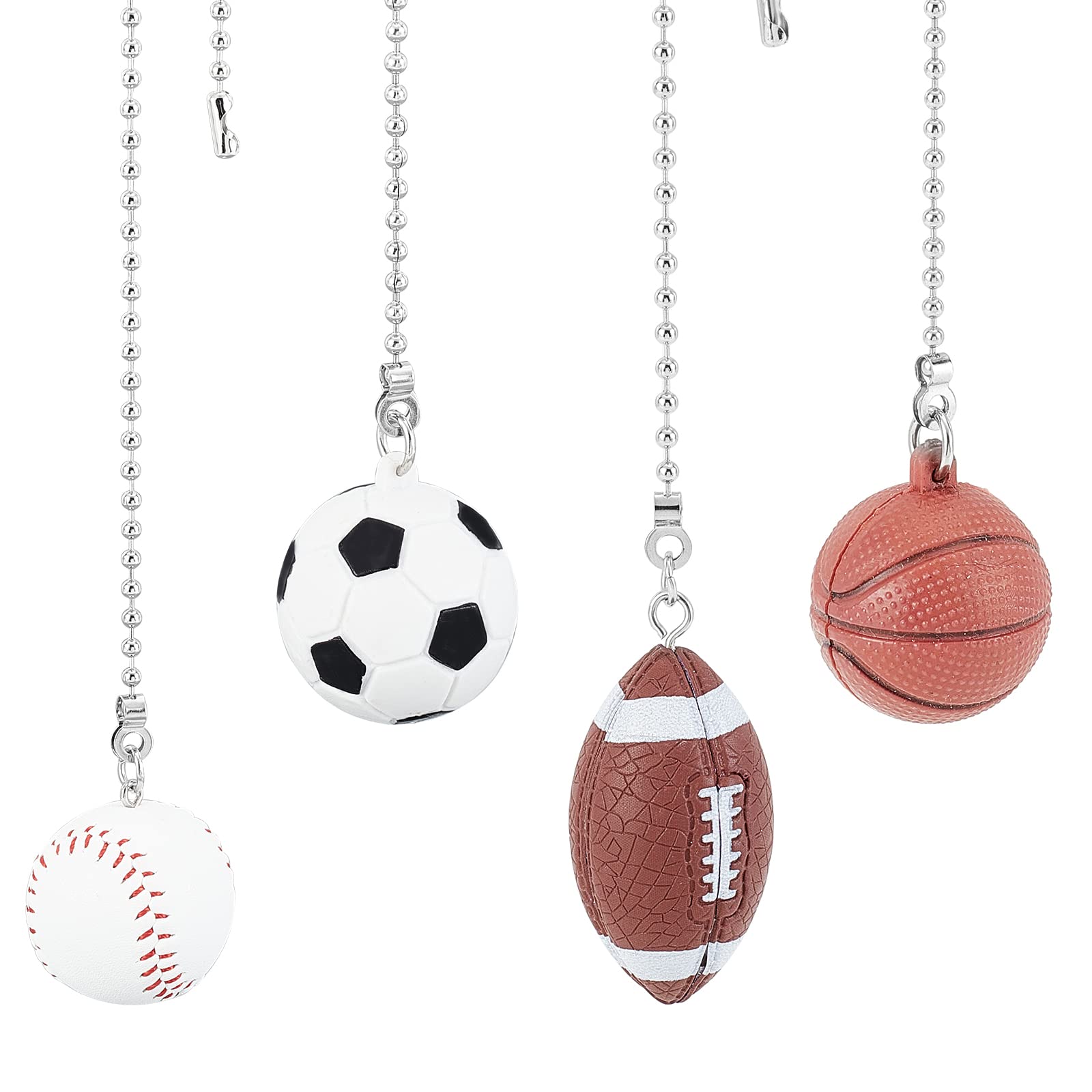 BENECREAT 4 Pack Sports Ceiling Fan Pull Chain 14inch Light Pull Chain Set with Basketball, Soccer, Baseball and Rugby Ornaments Pendant Extension Fan Pulls Set For Ceiling Light Lamp Fan